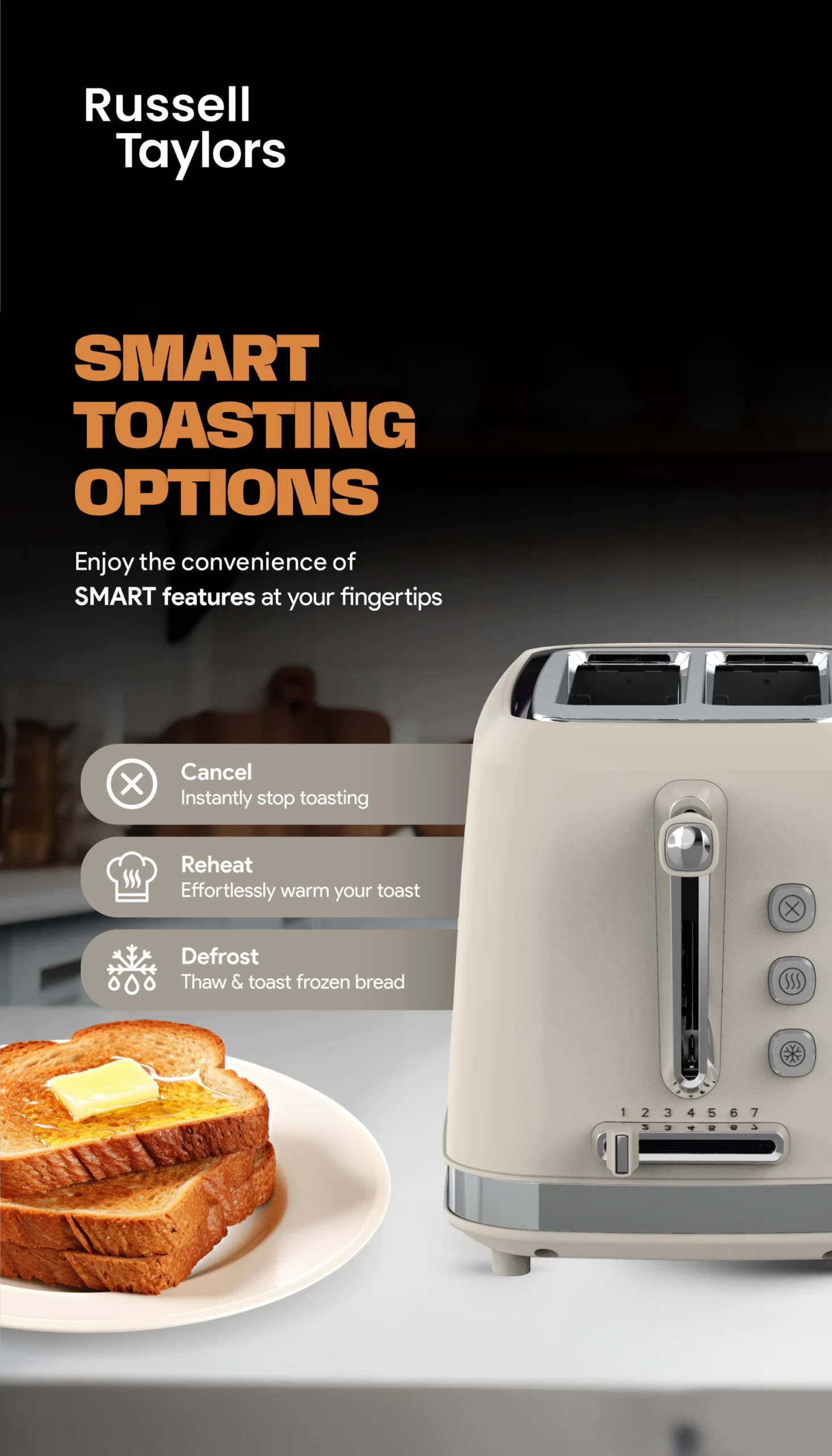 Russell Taylors Retro Toaster RT-10, 𝟳 𝗦𝗵𝗮𝗱𝗲 𝗦𝗲𝘁𝘁𝗶𝗻𝗴𝘀, 2 Years Warranty