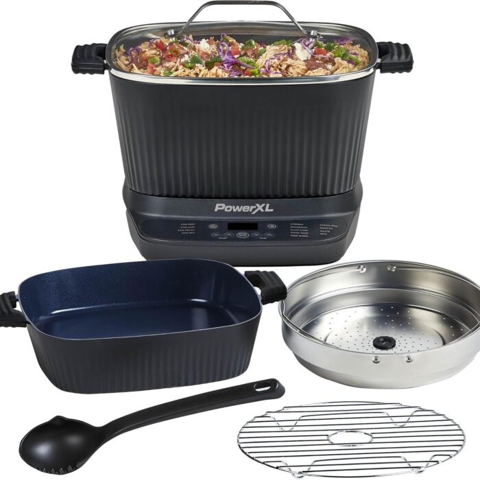 STIRMAX DELUXE 7.5 Quart Digital Multi-Cooker with Automatic Paddle to Stir and Shred. 9 in 1 programmable presets to Sauté. Sear. and Brown Food Before Simmering – Accessories. Skillet. & Cookbook