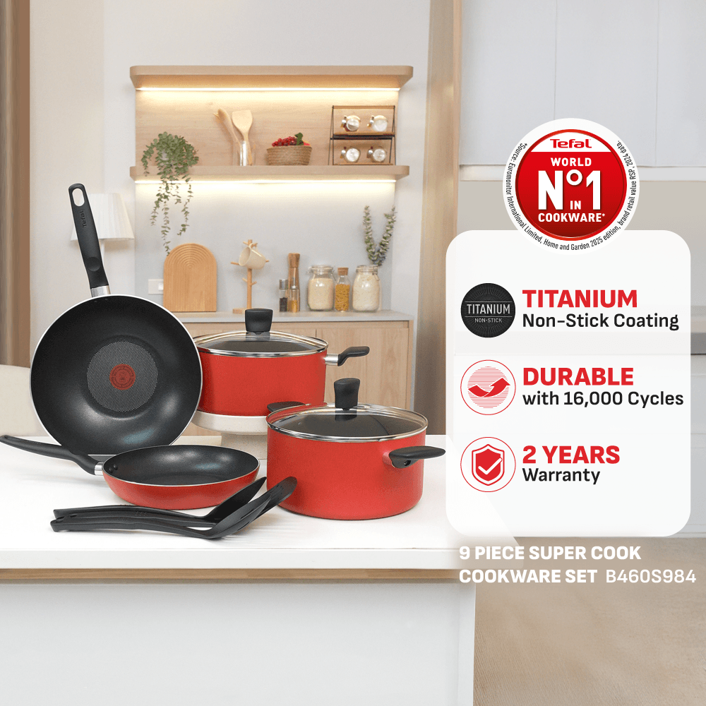 [gearhubui Exclusive] Tefal Supercook 9pcs set (Frypan 24cm, Wokpan 28cm, Stewpot 22cm & 24cm, 3 Spatulas)
