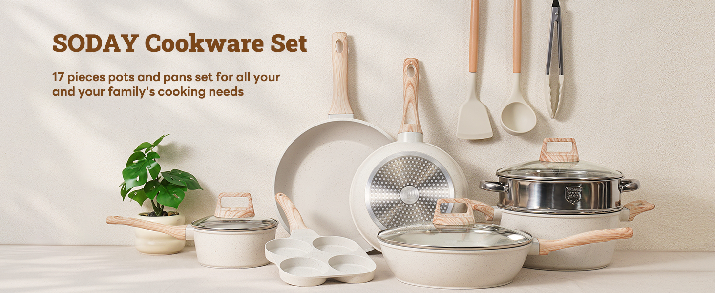 17 Pcs Pots and Pans Set Non stick .Cookware Sets White Granite Induction Cookware. Non-toxic Healthy Non Stick Kitchen Cooking Set with Frying Pans Set. Saucepans (PFAS. PFOA. PFOS Free) White